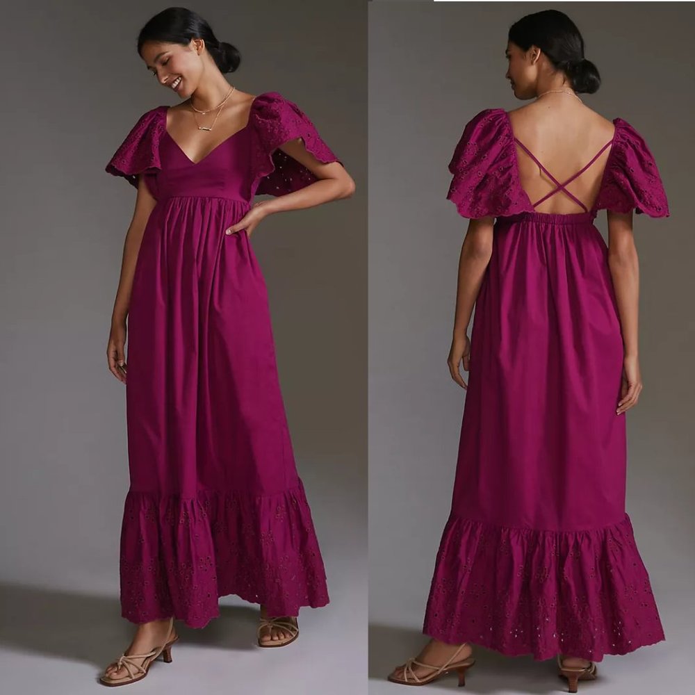 Anthropologie Magenta Puff-Sleeve Maxi Dress